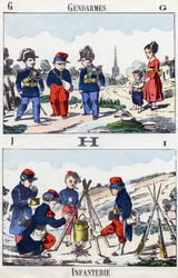 Letters G H I: gendarmes en infanterie. Gravure in "Alphabet militaire enfantin". Imagery van Pont-a-Mousson, circa 1890.