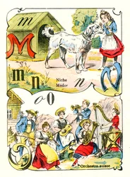 Letters M N en O als Medor, Niche en Zwitsers Orkest. Gravure in "Ludiek Alfabet". Beeldvorming van Pont-à-Mousson. Druk en uitgave Louis Vagne, eind 19e eeuw