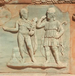 Libië, Historisch Tripolitanië, Oud Sabratha, Theater, Detail van reliëf