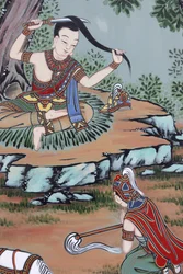 Leven van Boeddha, Ver van het paleis, ruilde prins Siddhartha zijn fijne kleren voor lompen en knipte zijn lange haar, Seoul, Zuid-Korea