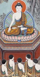 Leven van Boeddha. Als een Boeddha, een ontwaakte, keerde hij terug om zijn vijf mede-beoefenaars de Nobele Waarheid van Onbevredigdheid, de Nobele Waarheid van de Oorzaak (Verlangen), de Nobele Waarheid van Beëindiging en het Nobele Achtvoudige Pad dat le