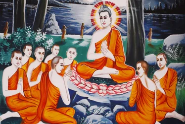 Leven van de Boeddha. Boeddha trainde zijn discipelen in de kunst van het vragen stellen, Siem Reap, Cambodja