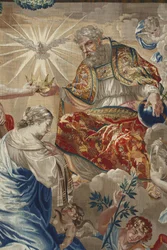 Leven van de Maagd: „Kroning van de Maagd” Detail met God en de duif van de Heilige Geest boven de Maagd - Wandtapijt van wol en zijde, vervaardigd in het atelier van Pierre Damour naar tekeningen van Charles Poerson (1609-1667)