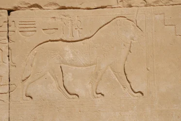 Leeuwenbeeldhouwwerk, Karnak, Luxor, Egypte