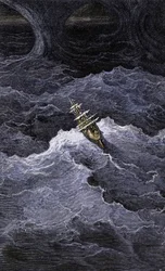 Literatuur: Boot in het midden van de zee. Illustratie van de roman door Samuel Taylor Coleridge (1772-1834) 