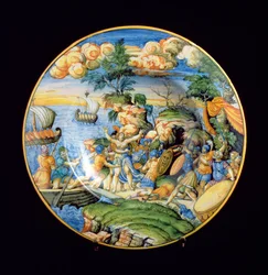Maiolica bord met de ontvoering van Helena van Troje, Italiaans