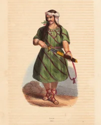 Man van de Karen stam (Karene of Karyang) (Birma, Myanmar) - Man van de Karen (Karian) stam uit Zuid-Birma - Handgekleurde houtsnede uit “Mores, Uses et Costumes de tous les Peoples du Monde, Asia,” door Auguste Wahlen, pseudoniem van Jean Francois Nicol