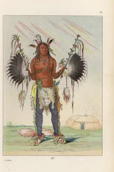 Mandan-medicijnman Mah-to-he-hah, Oude Beer, beschilderd met verschillende kleuren, berenvet en houtskool, met gevederde medicijnpijpen in de hand en vossenstaarten aan zijn hielen. Handgekleurde lithografie uit George Catlins 