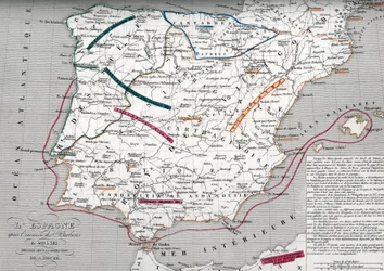Kaart van Spanje ten tijde van Germaans Hispania, 409-585 (Kaart van Spanje ten tijde van Germaans Hispania) Gravure uit "Atlas Universel" door Houze