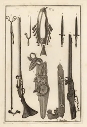 Lontslot musket, slot en bajonet van de Tower of London 1-3, bajonet 4, musketrust en bajonet 5, musketrust 6, bandeliers en poederfles 7, radslot 8,9, en sleutel 10