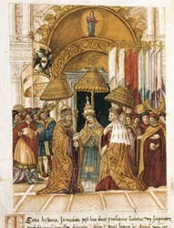 Ontmoeting tussen Frederik Barbarossa en paus Alexander III in het Dogepaleis in Venetië in 1177