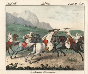 Militaire oefeningen, de aanval van Arabische ruiters. Lithografie voor het boek: “Galerie complete en tableaux fideles des peuples d