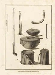 Militaire muziekinstrumenten: trompet, hoorn, fluit, keteltrom, zijtrom