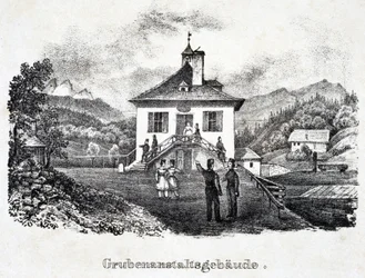 Zoutmijn: het gebouw van het mijnbedrijf in Durrnberg, Oostenrijk