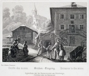 Zoutmijn: de ingang van de mijn, in Durrnberg, Oostenrijk, rond 1850