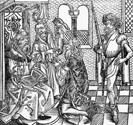 Mohammed aan het hof, Duitse houtsnede, uit Neurenberg Kroniek (Liber Chronicarum) door Hartmann Schedel