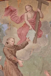 Klooster van Saorge 18e-eeuwse fresco die het leven van St. Franciscus van Assisi uitbeeldt, Saorge, Frankrijk