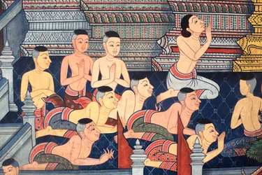 Monniken. Muurschildering detail op de binnenmuren van de Vihara uit het tijdperk van koning Rama III die de Ramakian uitbeeldt. Wat Pho - Wat Phra Chettuphon. 1788. Bangkok. Thailand