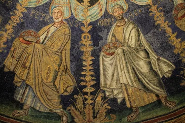 Mozaïek van het plafond van de Doopkapel van Neon. Detail van de processie van de twaalf apostelen die rond het centrale mozaïek in twee richtingen lopen, eindigend met Sint Petrus die Sint Paulus ontmoet. 5e eeuw, Ravenna, Italië. Geregistreerd als UNESCO
