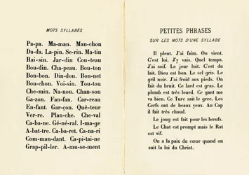 Woorden, lettergrepen en korte zinnen over woorden van één lettergreep - Gravure uit ABCD des petites filles, Pellerin & Cie, Epinal, circa 1890