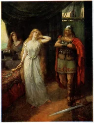 Muziek. Opera. Tristan en Isolde. Illustratie door Ferdinand Leeke voor de opera: Tristan und Isolde, door Richard Wagner (1865), Duitsland, ca. 1910 (ansichtkaart)
