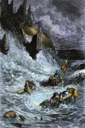 Mythen en legendes: Sinbad en zijn metgezellen na de 1001 nachten. Kleurgravure door Gustave Doré.