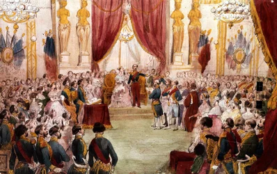 Burgerlijk huwelijk van Napoleon III in 1853: de keizer introduceert zijn vrouw Eugenia aan het hof, aquarel 19e eeuw