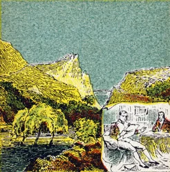 Napoleon I Bonaparte in ballingschap op het eiland Sint-Helena. Gravure in "Histoire de France". Serie reclamebeelden uitgegeven namens Louit, circa 1920.