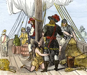 Inheemse bevolking van Amerika: Indianen. Pocahontas gevangen aan boord van een schip uit Jamestown. Kleurgravure uit de 19e eeuw.