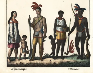 Inheems in Canada: een familie van Indianen van Lake Nipissing en een familie van Indianen uit het Ottawa-gebied. Lithografie voor het boek: “Galerie complete en tableaux fideles des peuples d