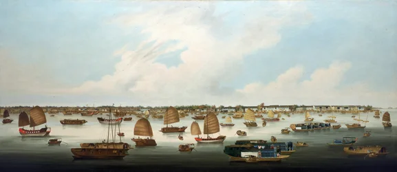 Navigatie op de Pearl River (of Zhu Jiang, Canton River), voor de kust van Henan Island, met een uitzicht op de Europese fabrieken in Canton (China)