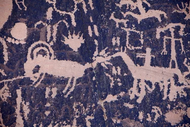News Paper Rock. Indiaanse rotstekeningen van Noord-Amerika van Navajo-stammen en Utah. Periode van ongeveer 2000 jaar tot de 14e eeuw.
