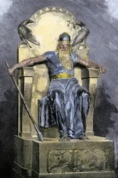 Noordse mythologie: voorstelling van de godheid Wotan (Odin). Kleurengraving uit de 19e eeuw.