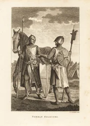 Normandische soldaten in maliënkolder en plaatpantser met schild, lans, hellebaard, voor militaire kampementstenten