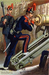 O: Artillerie. Gravure in "Alphabet militaire". Initialen van de illustrator: A. D. Onbekende uitgever. Chromolithografieën eind 19e eeuw.