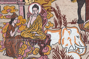Ong Nui boeddhistische pagode, muurschildering, Het leven van de Boeddha, Quy Nhon, Vietnam, 2019