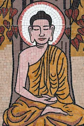 Ong Nui boeddhistische pagode, muurschildering, Het leven van de Boeddha, Shakyamuni Boeddha zittend in de meditatiehouding onder de Bodhiboom, Quy Nhon, Vietnam, 2019
