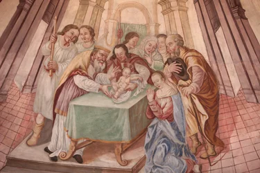 Onze-Lieve-Vrouw van de Tenhemelopneming kerk. Baby Jezus in de synagoge Cordon Frankrijk