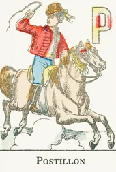 P : Postiljon, een jonge ruiter in Kozakkenkostuum - Gravure uit "Alphabet des jeux", circa 1890