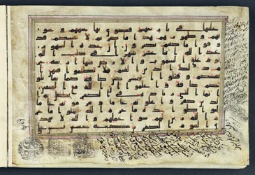 Pagina uit een Koran met Kufisch schrift en diakritische tekens in rood, 9e-10e eeuw