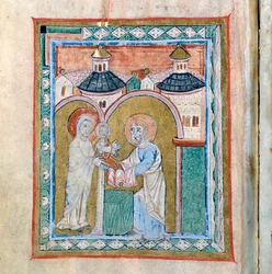 Pagina van een codex met de Presentatie in de Tempel, Schatkamer van de Kathedraal van Vercelli