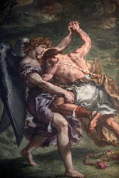 Schilderij door Eugene Delacroix in de Saint Sulpice basiliek, Parijs: Jacob vecht met de engel, Parijs, Frankrijk