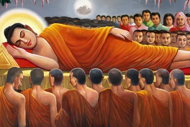 Schilderij dat een liggende Boeddha afbeeldt in Wat Toul Tompong Phnom Penh Cambodja
