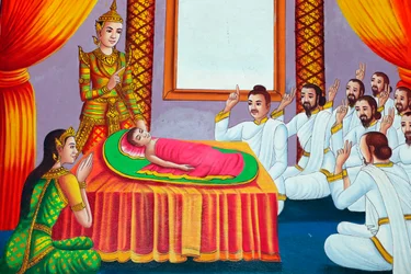 Schilderij dat het levensverhaal van Shakyamuni Boeddha uitbeeldt. Boeddha als kind. Kep, Cambodja.