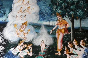 Schilderij in Wat Dab Phai, Chiang Mai, Thailand. Baby Boeddha
