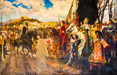 Schilderij van de Moren die de sleutels overhandigen aan koningin Isabella, Capilla Real, grafkapel van de Katholieke Koningen Isabella I en Ferdinand II, Granada, Andalusië, Spanje, Europa
