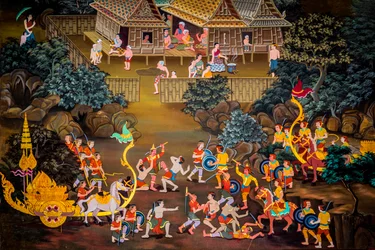Schilderijen van dorpsscènes met Boeddha in Thailand, Wat Bang Riang, Thub Pat, Phang Nga, Thailand, Azië