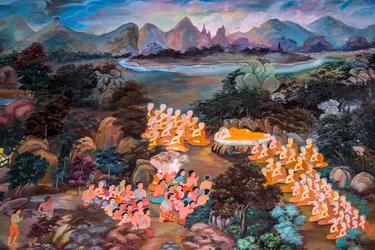 Schilderijen van dorpsscènes met Boeddha in Thailand, Wat Bang Riang, Thub Pat, Phang Nga, Thailand, Azië