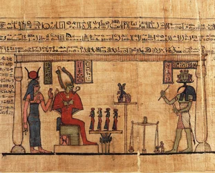 Papyrus uit het Eerste Boek van Ademhaling van Ousirour, Thoth weegt de ziel van Ousirour voor Isis en Osiris
