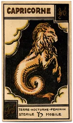 Paranormaal. Astrologie. Steenbok (de Zeegot). Astrologische kaart uit: Le Tarot Astrologique, door Georges Muchery, Frankrijk